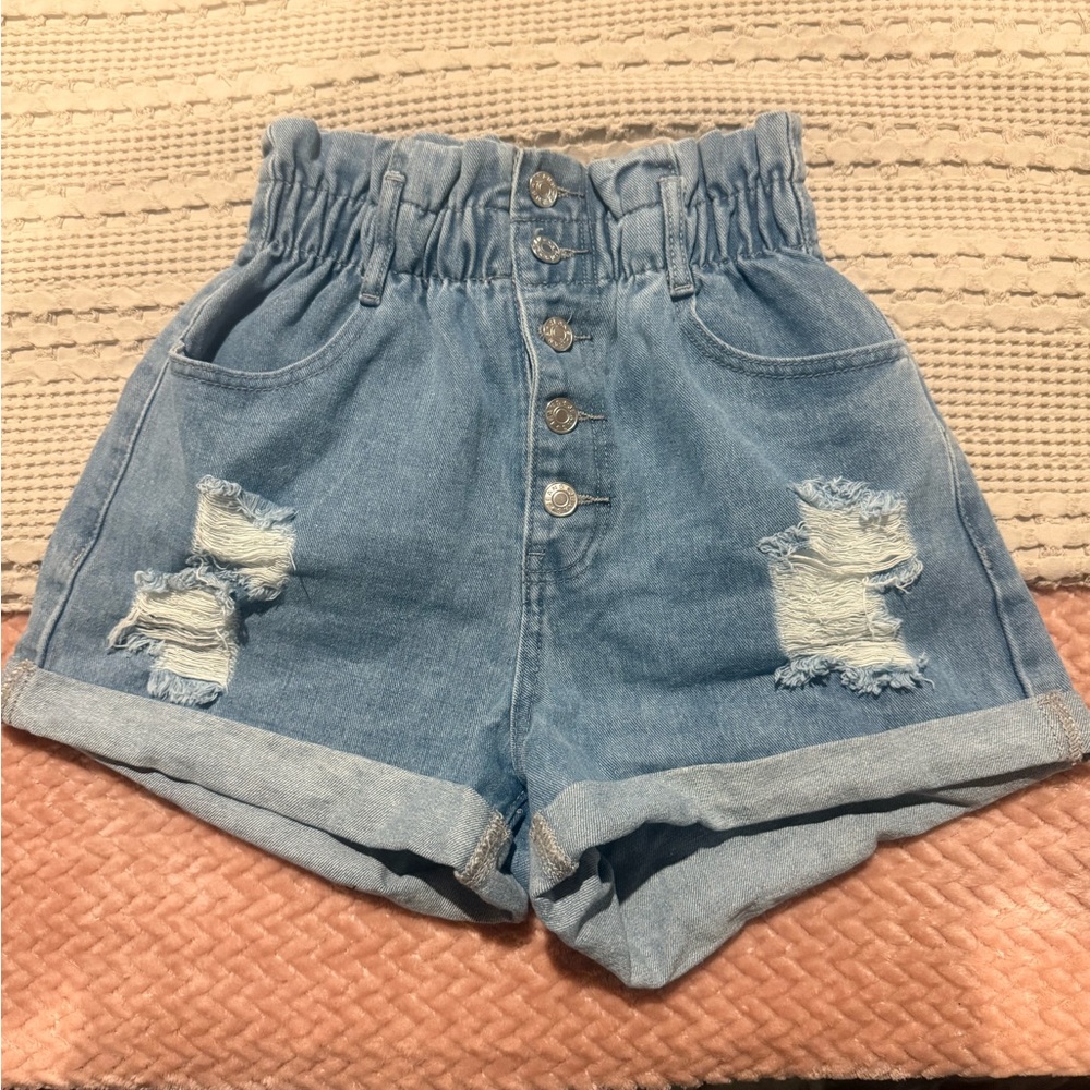 Paperbag Waist Denim Shorts Button Front Distressed High Rise XS